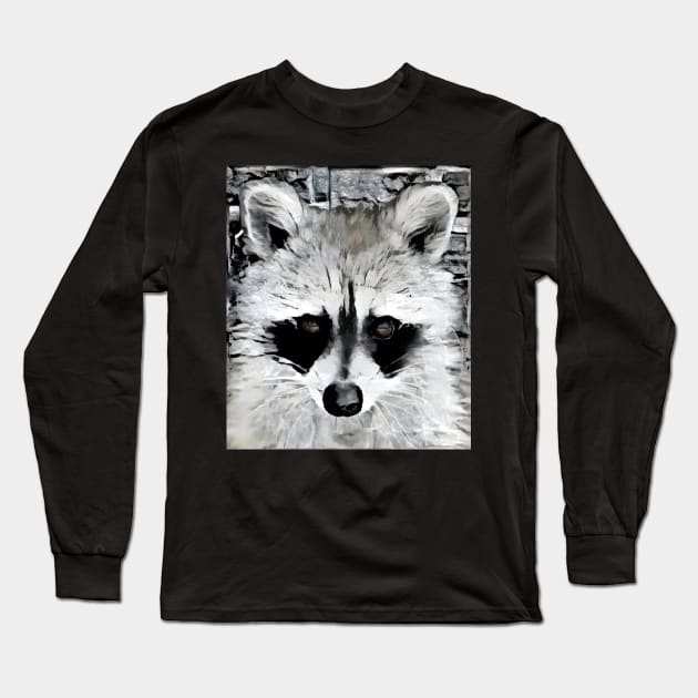 Raccoon Black and White Spray Paint Wall Long Sleeve T-Shirt by Nuletto